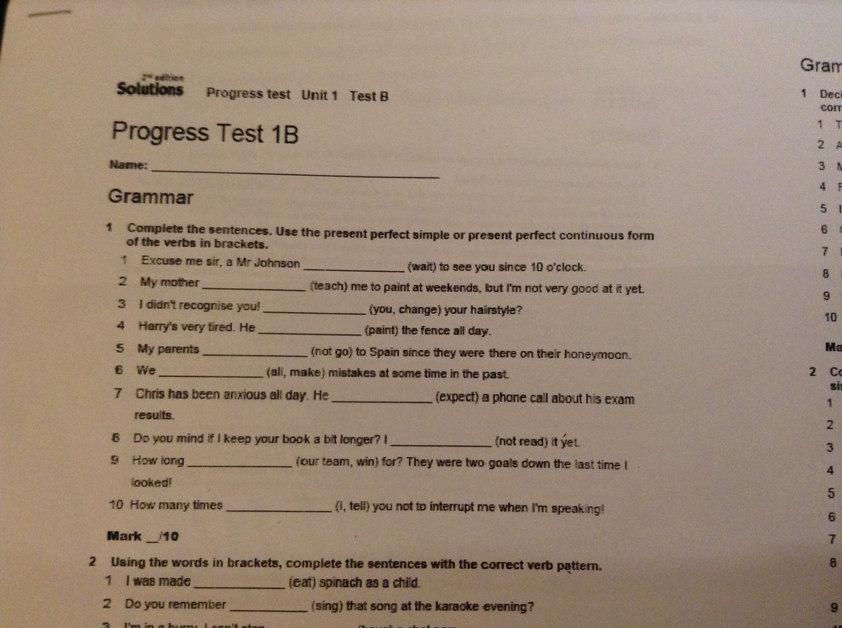 Прогресс тест юнит 7. Progress Test 1 ответы. Solutions Unit 3 progress Test a ответы.
